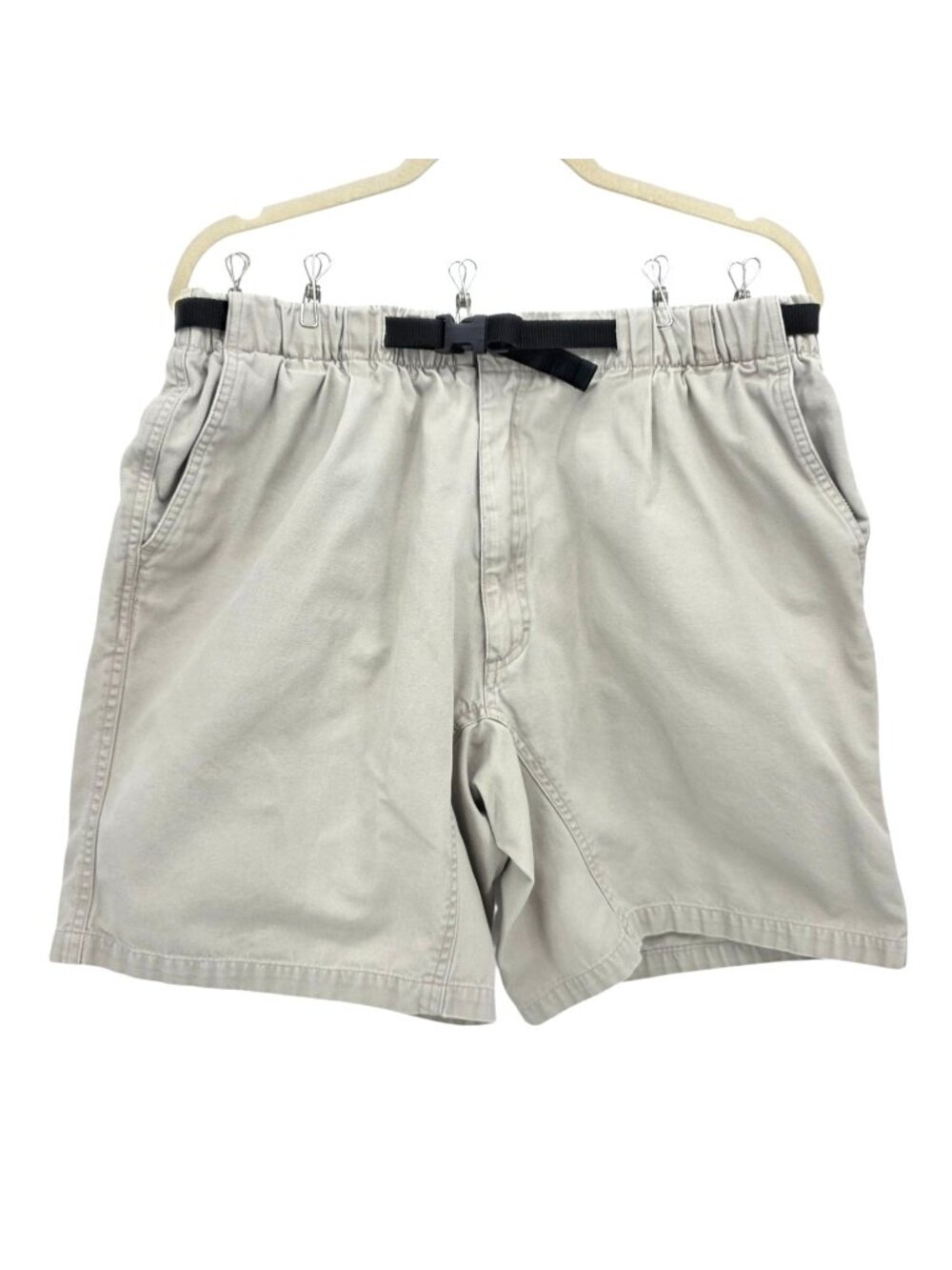 Woolrich Mens Large Short Canvas Belted Khaki Gray Cotton Outdoor Hiking Pockets